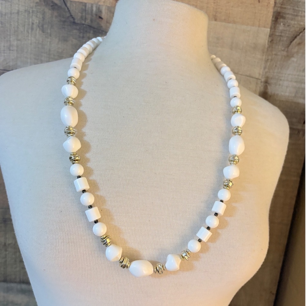 Vintage White Acrylic Geometric Bead Necklace Gold Tone Spacers 30 Inch Long